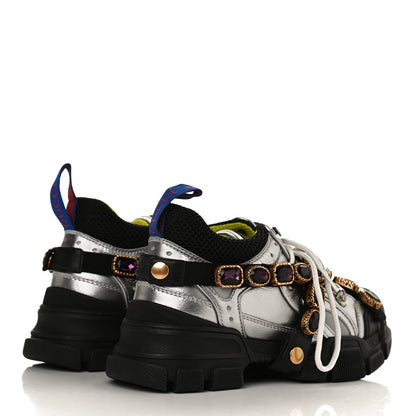 Gucci X SEGA Metallic Calfskin Mesh Removable Crystals Womens Flashtrek Sneakers 36 Silver Black 4 of 10
