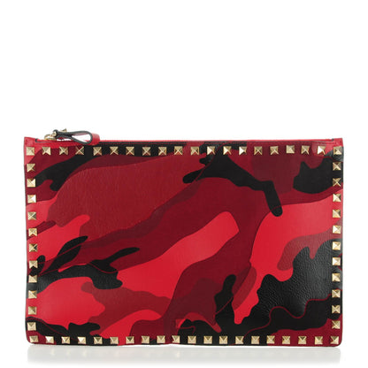 Valentino Garavani Nappa Canvas Camouflage Large Rockstud Zip Pouch Red 1 of 7