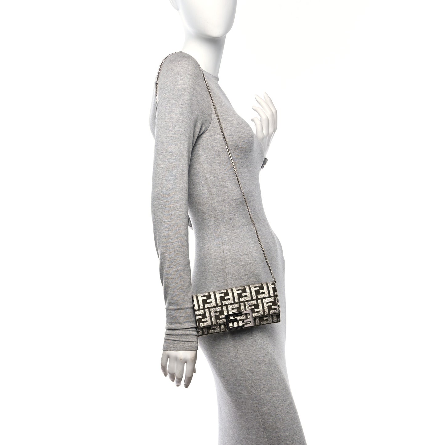 Fabric Jacquard FF 1974 Continental Wallet On Chain Ebano Argento