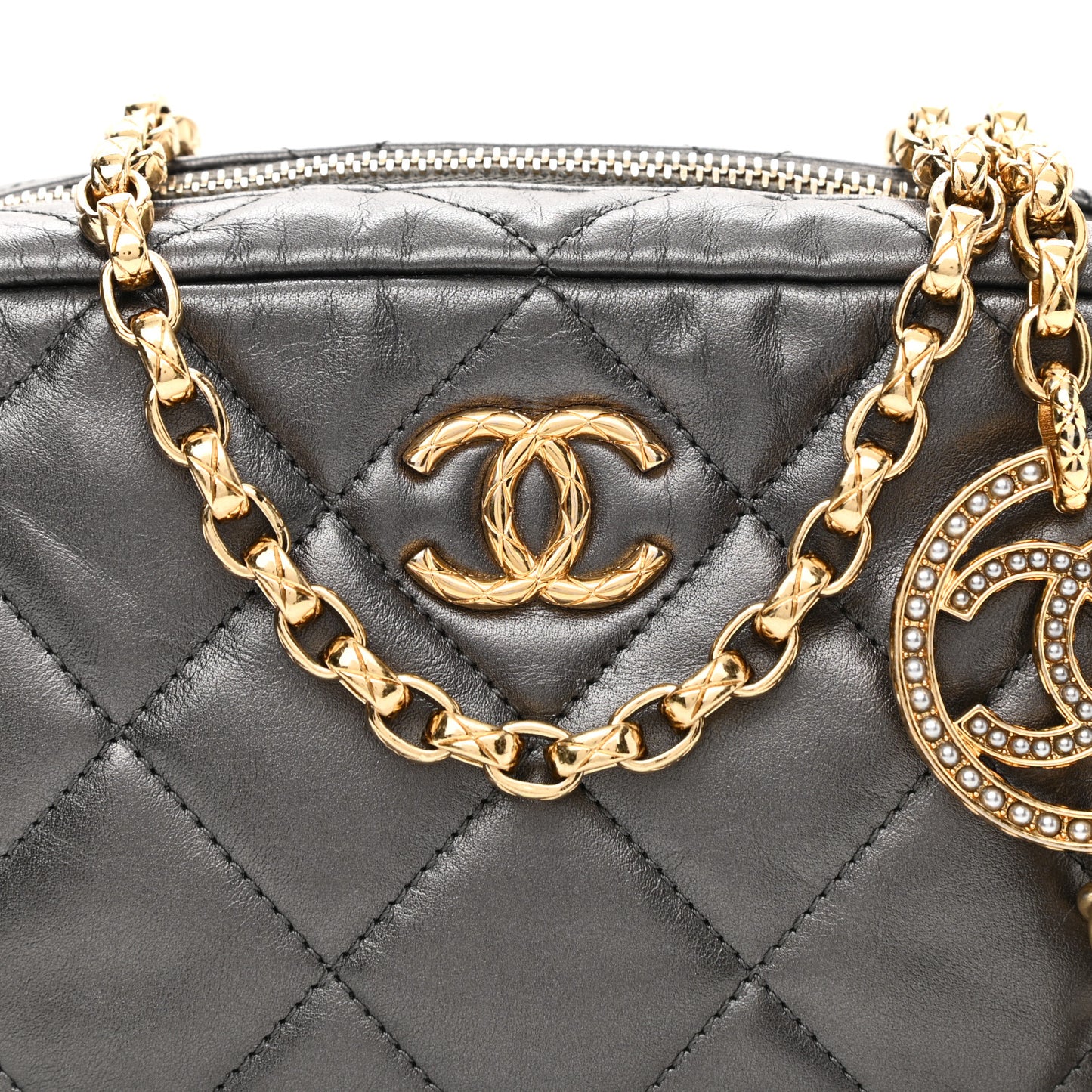 Metallic Calfskin Pearl Quilted CC Mini Camera Case Ruthenium