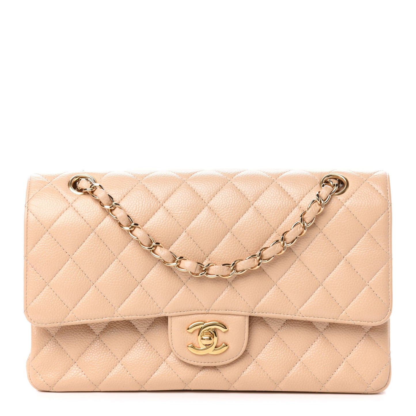 Caviar Quilted Medium Double Flap Beige