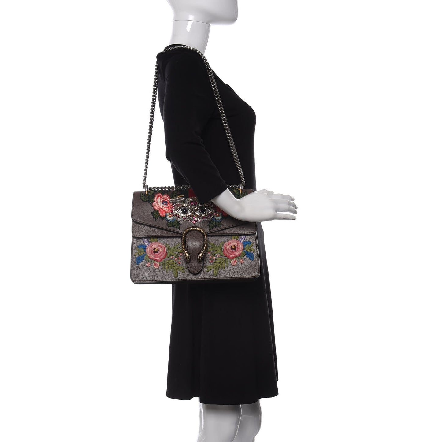 Calfskin Web Owl Embroidered Medium Dionysus Shoulder Bag New Acero Multicolor