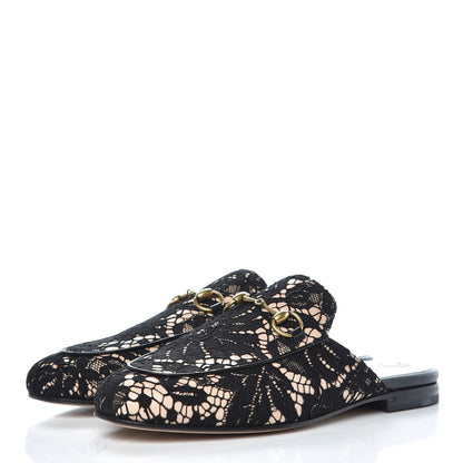 Gucci Lace Malaga Kid Womens Princetown Slippers 37.5 Black Skin Rose 3 of 9