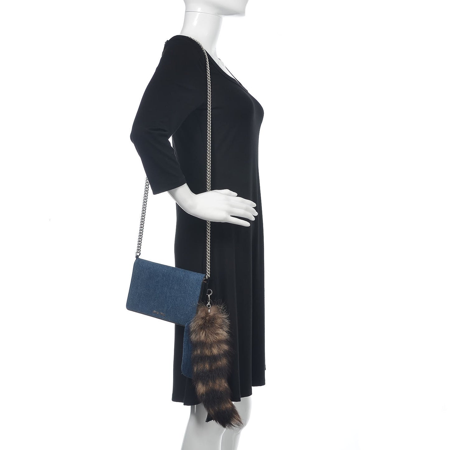 Denim Raccoon Fur Charm Crossbody Blue