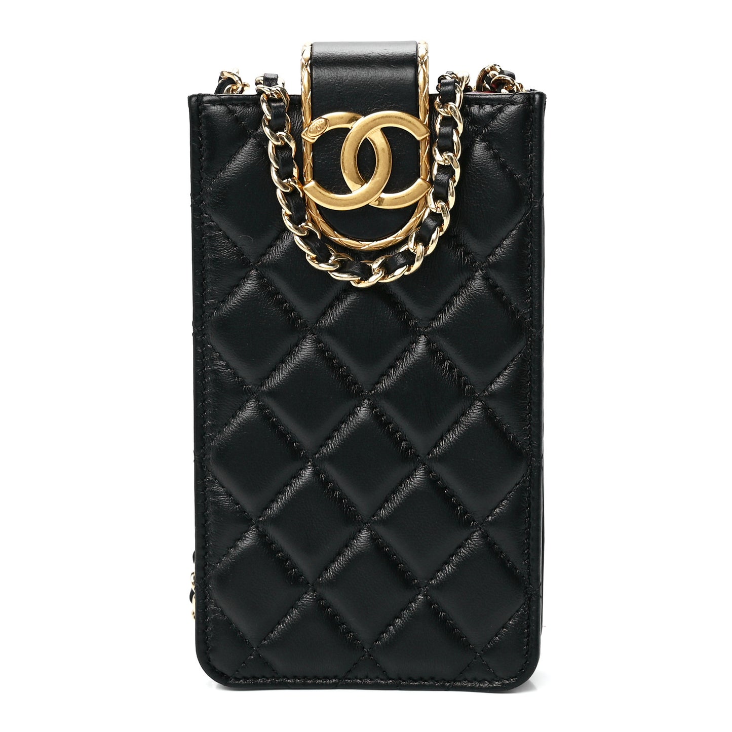 Lambskin Quilted Phone Holder With Chain Black