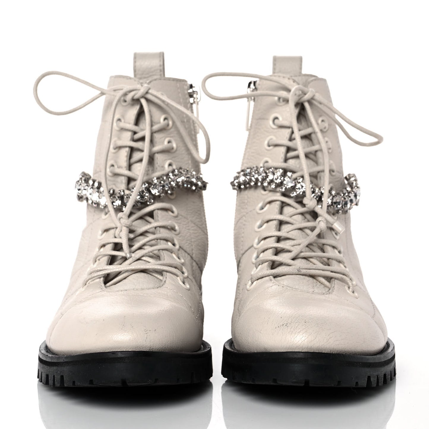 Grained Calfskin Crystal Embellished Cruz Combat Boots 36.5 White