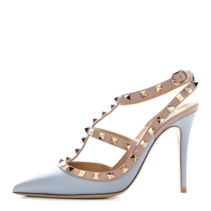 Valentino Garavani Calfskin Nappa Rockstud Ankle Strap 100mm Pumps 37 Water Sky Poudre 1 of 8