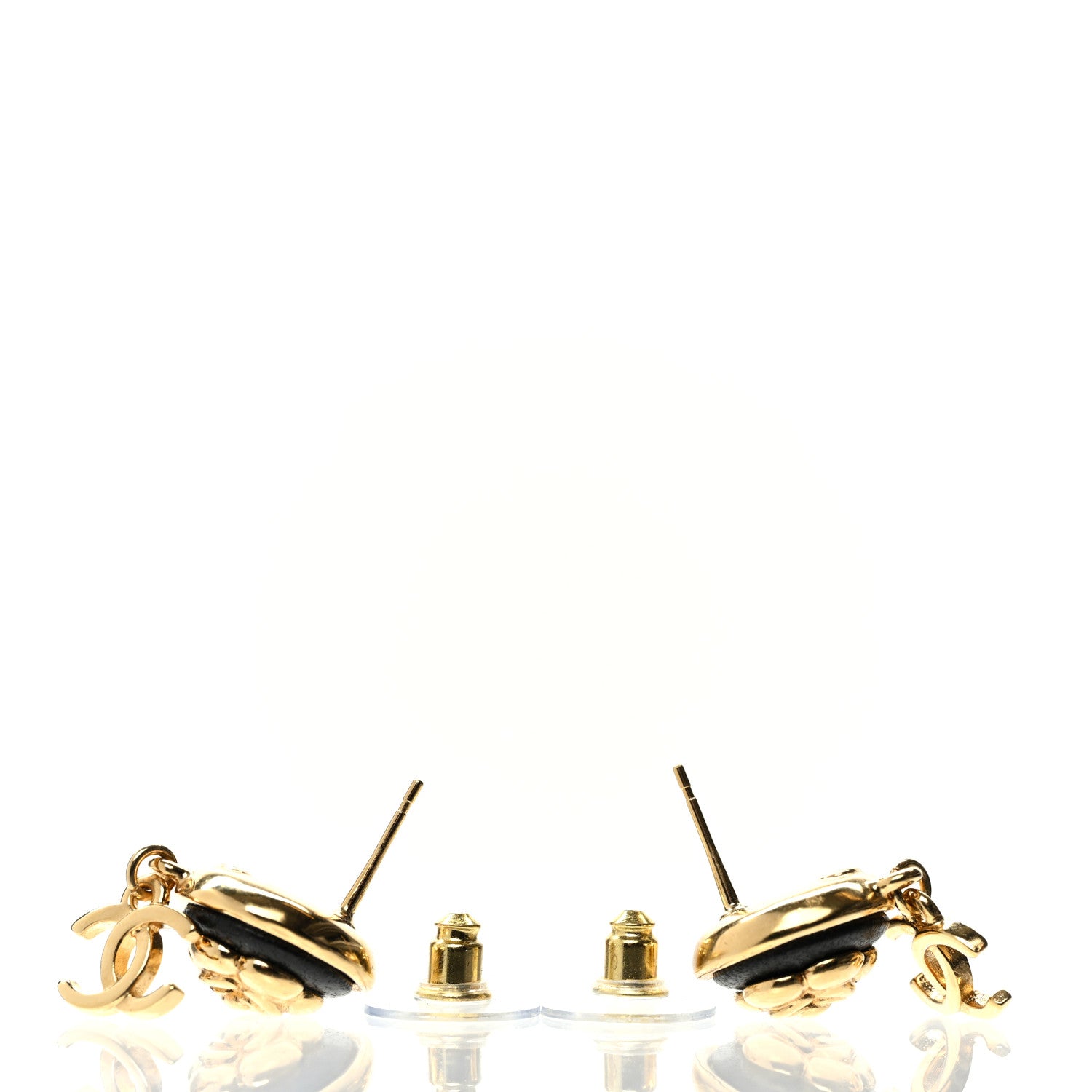 Chanel Metal Lambskin Camellia CC Drop Earrings Gold Black 3 of 5
