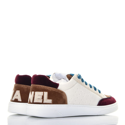 Chanel Calfskin Velvet Womens Logo Sneakers 38 White Beige Burgundy 4 of 10