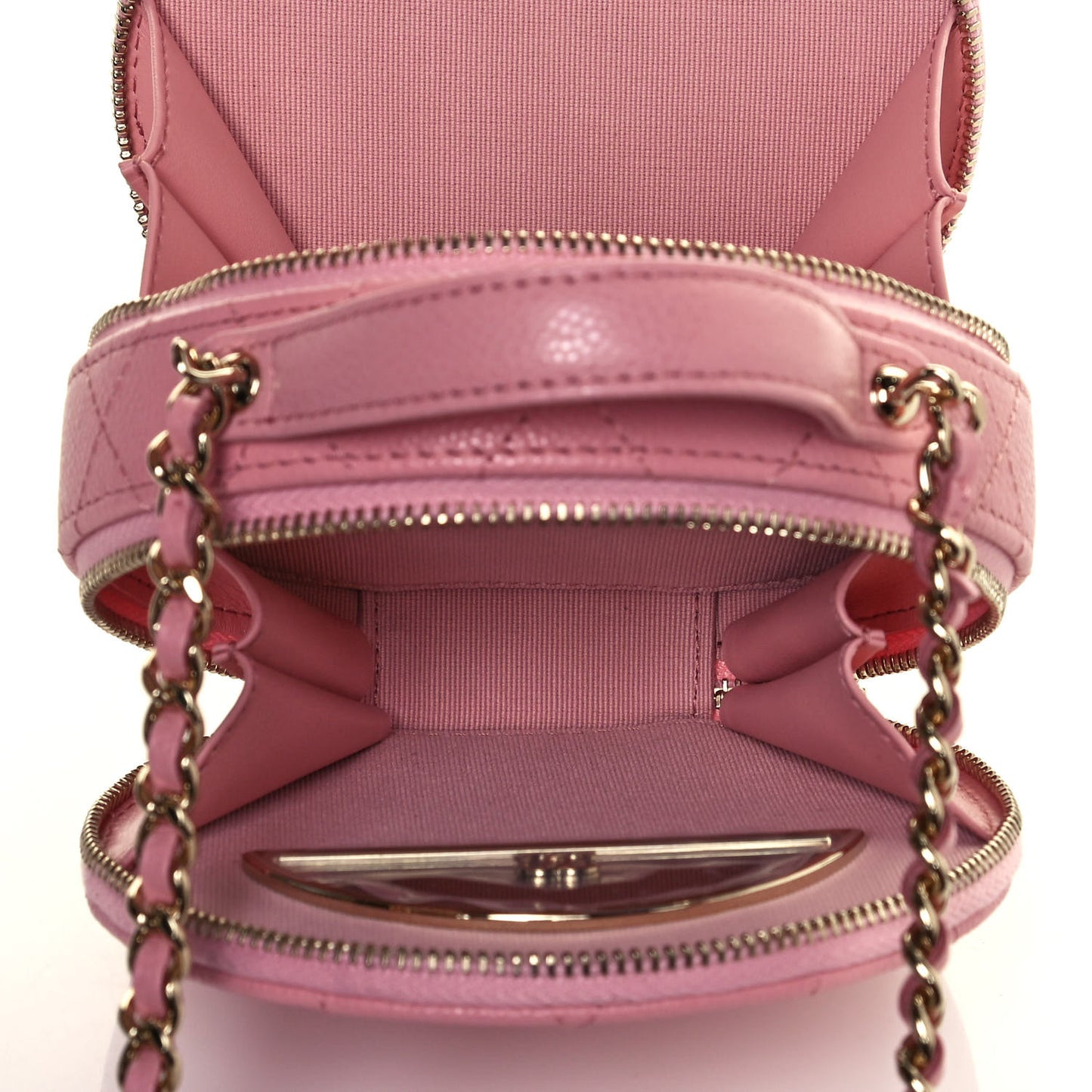 Caviar Quilted Round Handle With Care Vanity With Chain Pink