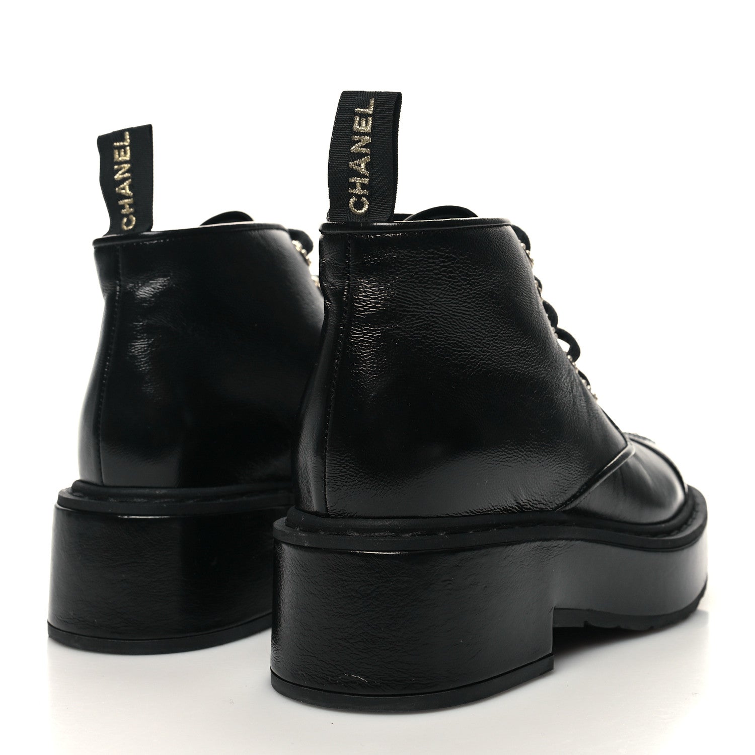 Chanel Shiny Calfskin Pearl Lace Up Combat Short Boots 35.5 Black 4 of 8