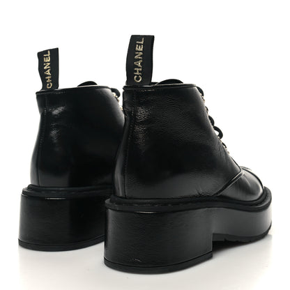 Chanel Shiny Calfskin Pearl Lace Up Combat Short Boots 35.5 Black 4 of 8