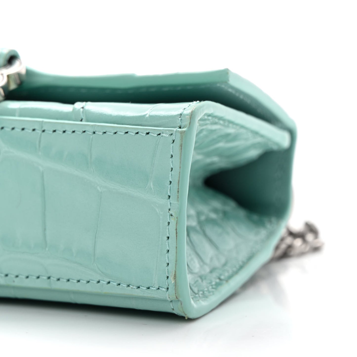 Shiny Calfskin Crocodile Embossed Hourglass Top Handle Bag Mini with Chain Green Acqua