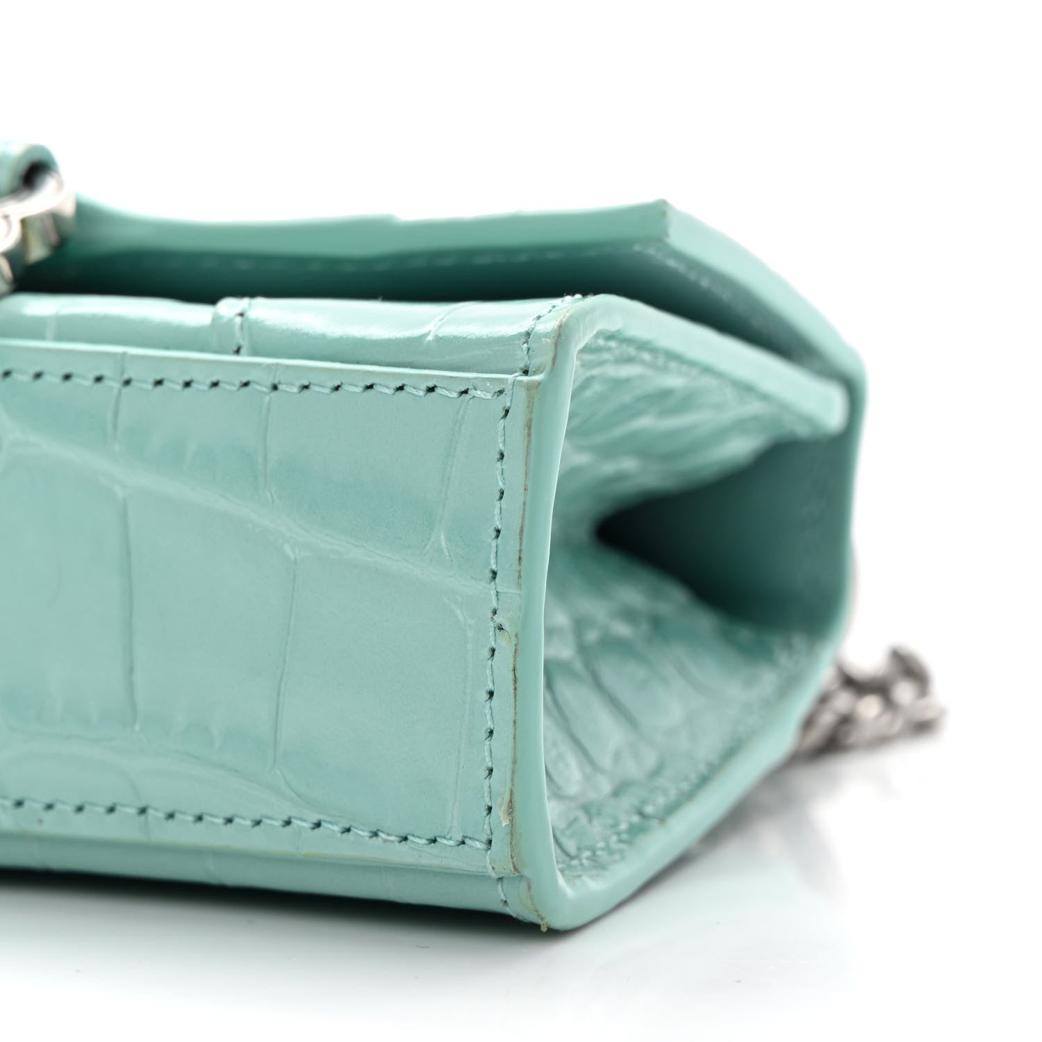 Balenciaga Shiny Calfskin Crocodile Embossed Hourglass Top Handle Bag Mini with Chain Green Acqua 10 of 11