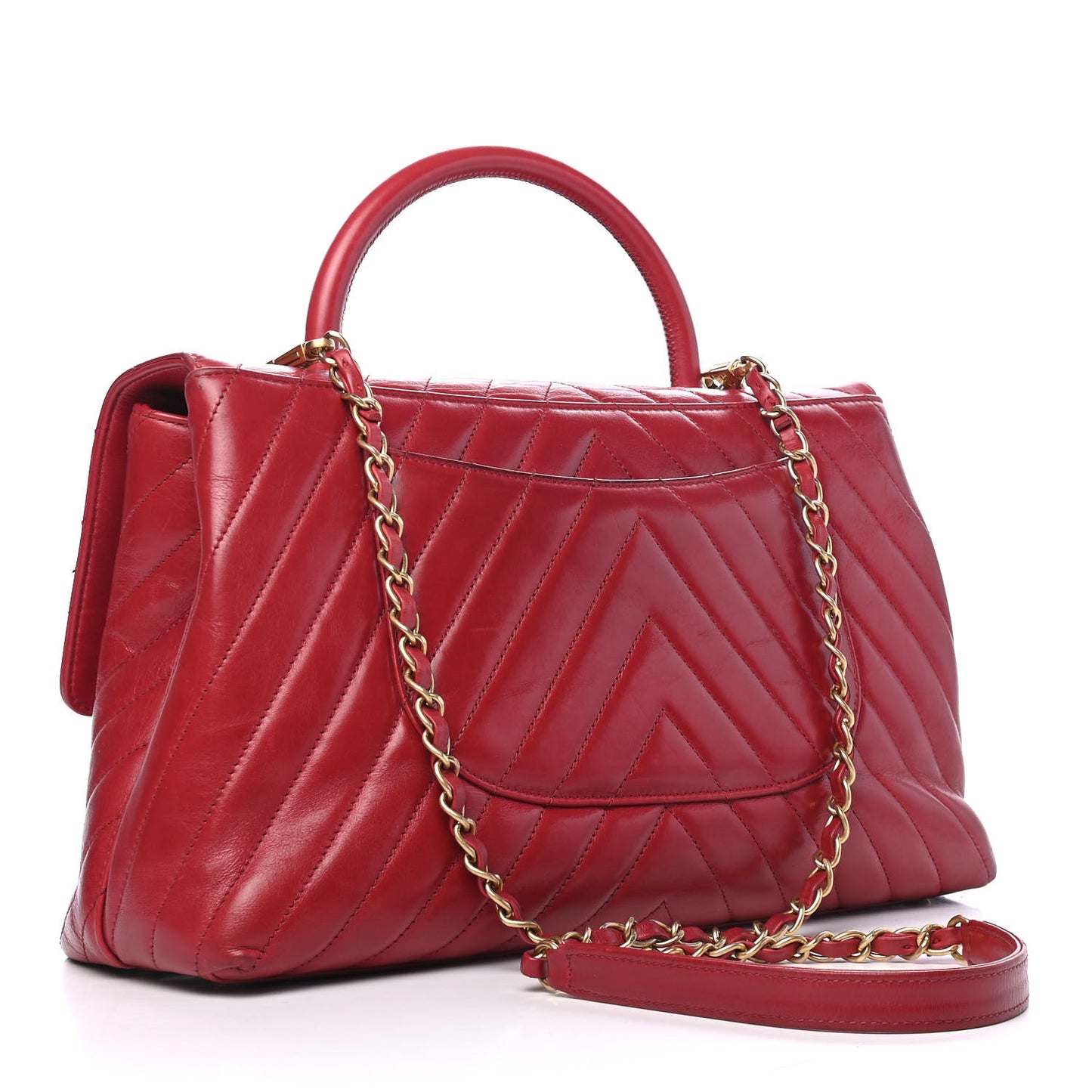 Calfskin Chevron Quilted Large Coco Handle Flap Red