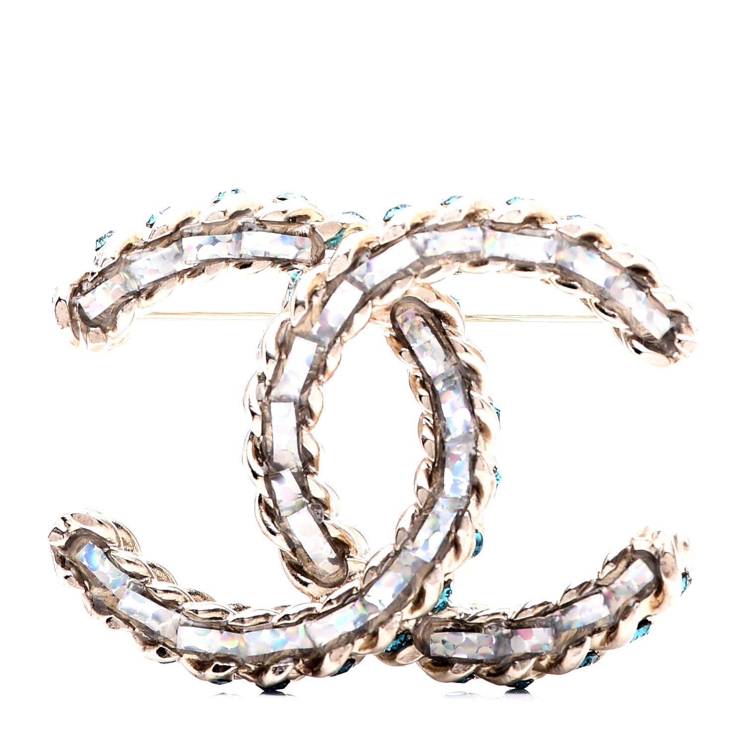 Chanel Iridescent Crystal CC Brooch Blue Gold 1 of 5