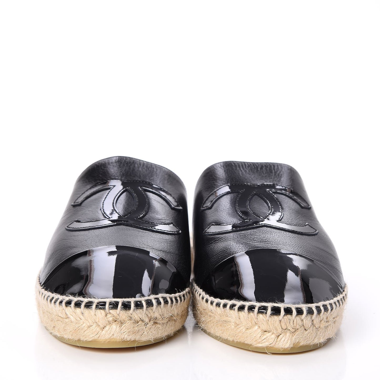 Iridescent Goatskin Patent CC Espadrille Mules 42 Black