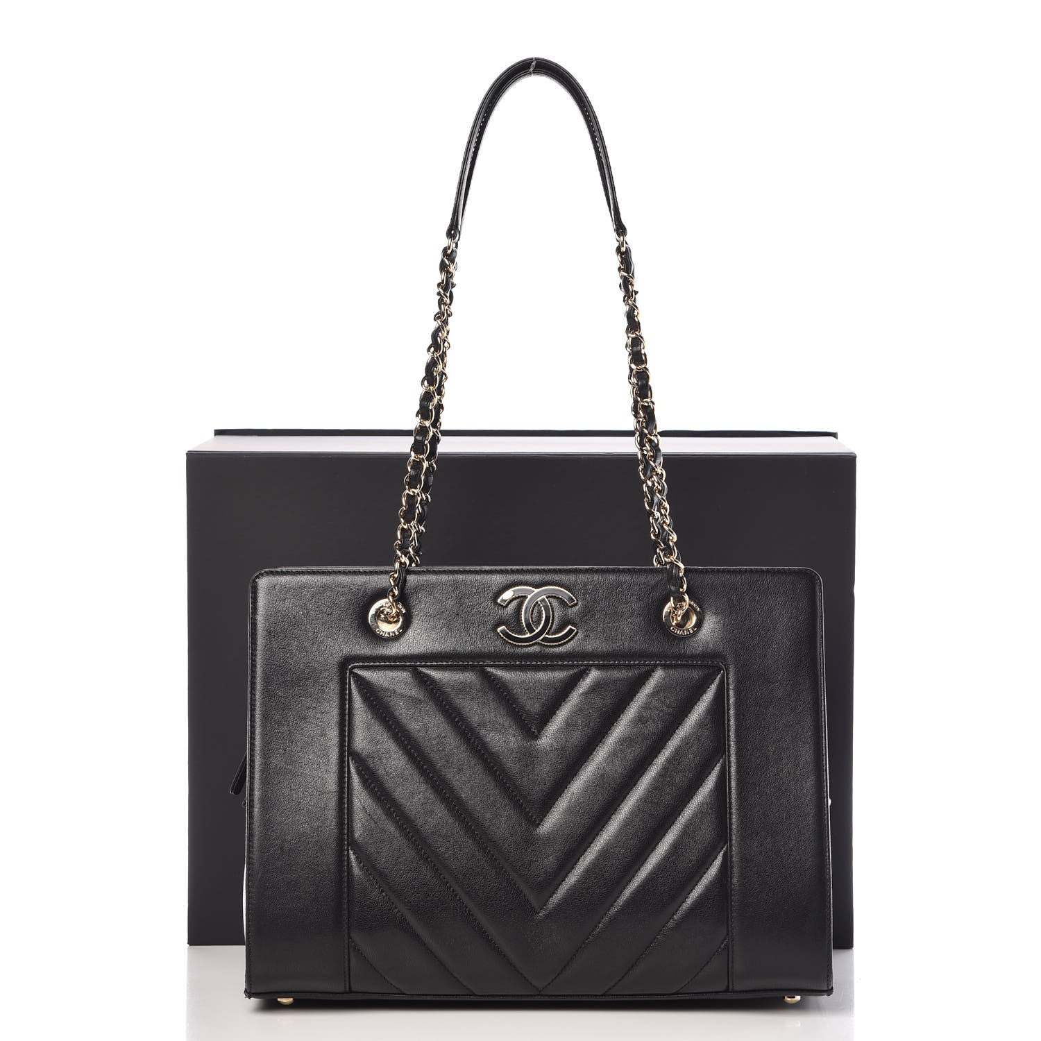 Chanel Sheepskin Chevron Quilted Mademoiselle Vintage Shopping Tote Black 14 of 14