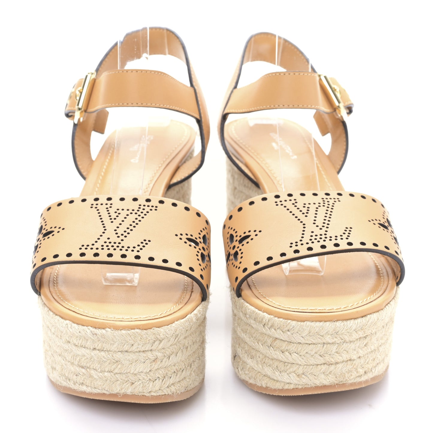 Calfskin Monogram Espadrille Wedge Sandals 37 Brown