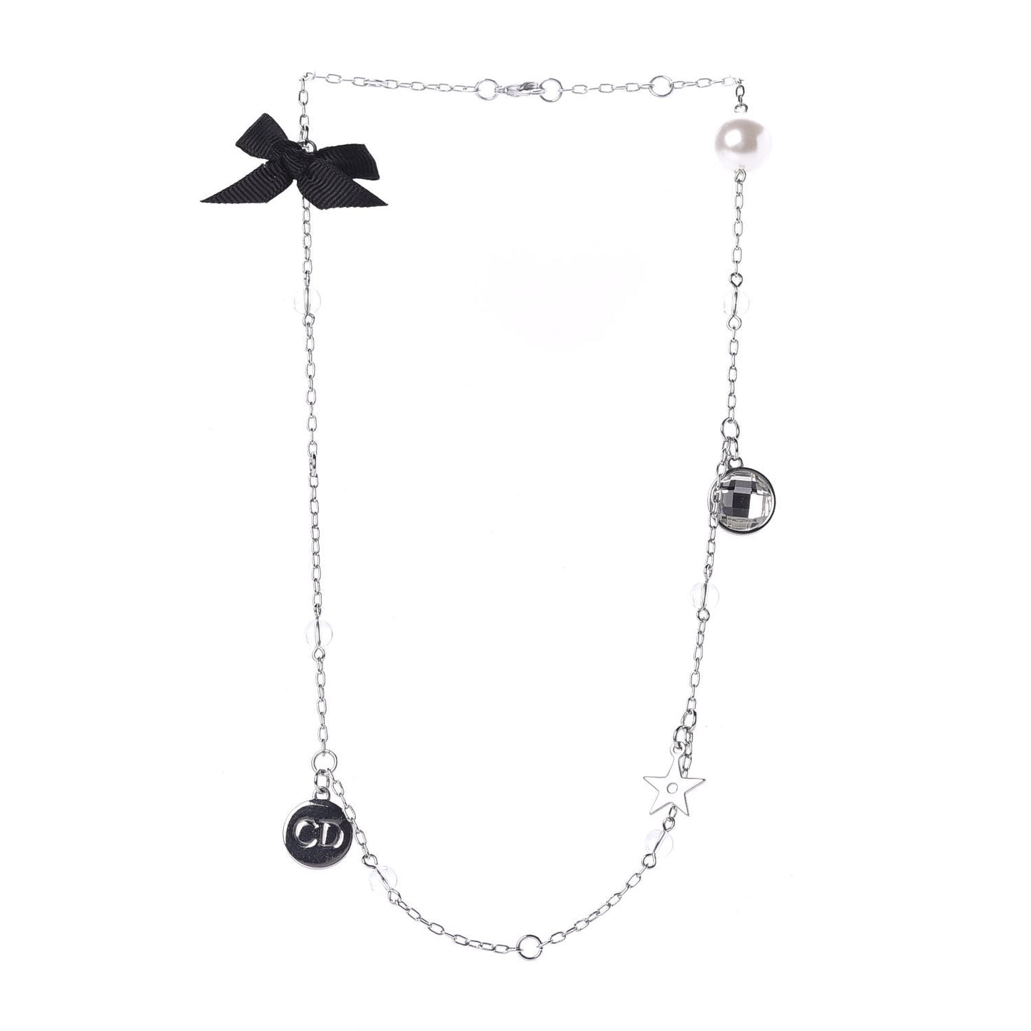 Pearl Crystal Bow Charm Necklace Silver Black