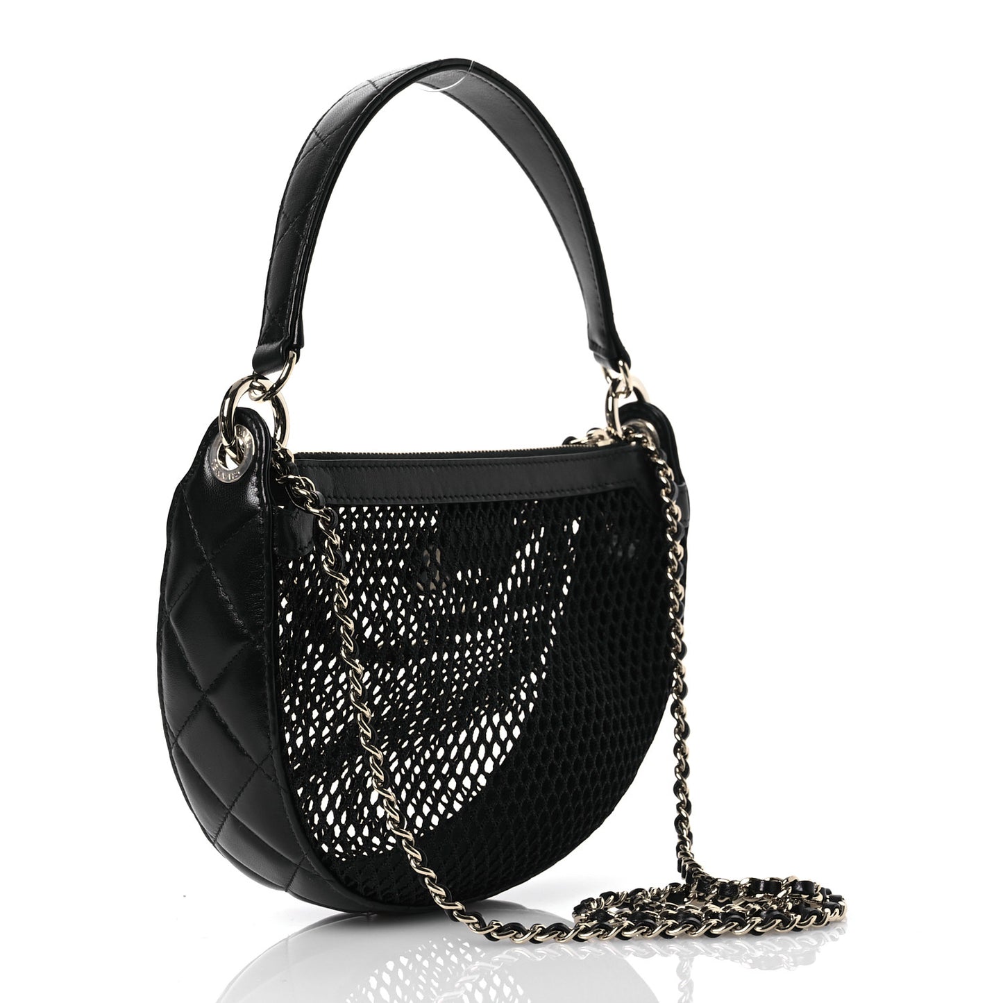 Mesh Shiny Lambskin Chain Hobo Black