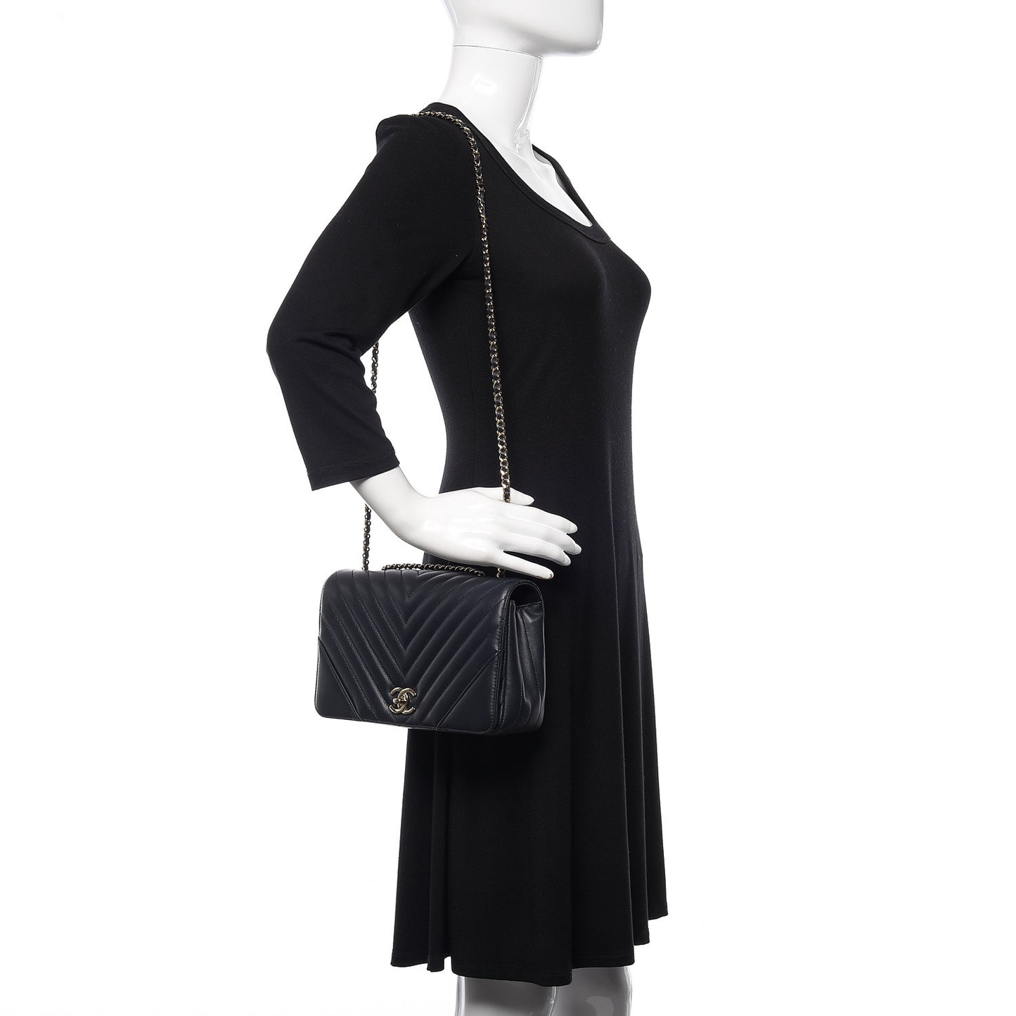 Calfskin Chevron Quilted Statement Flap Navy Blue