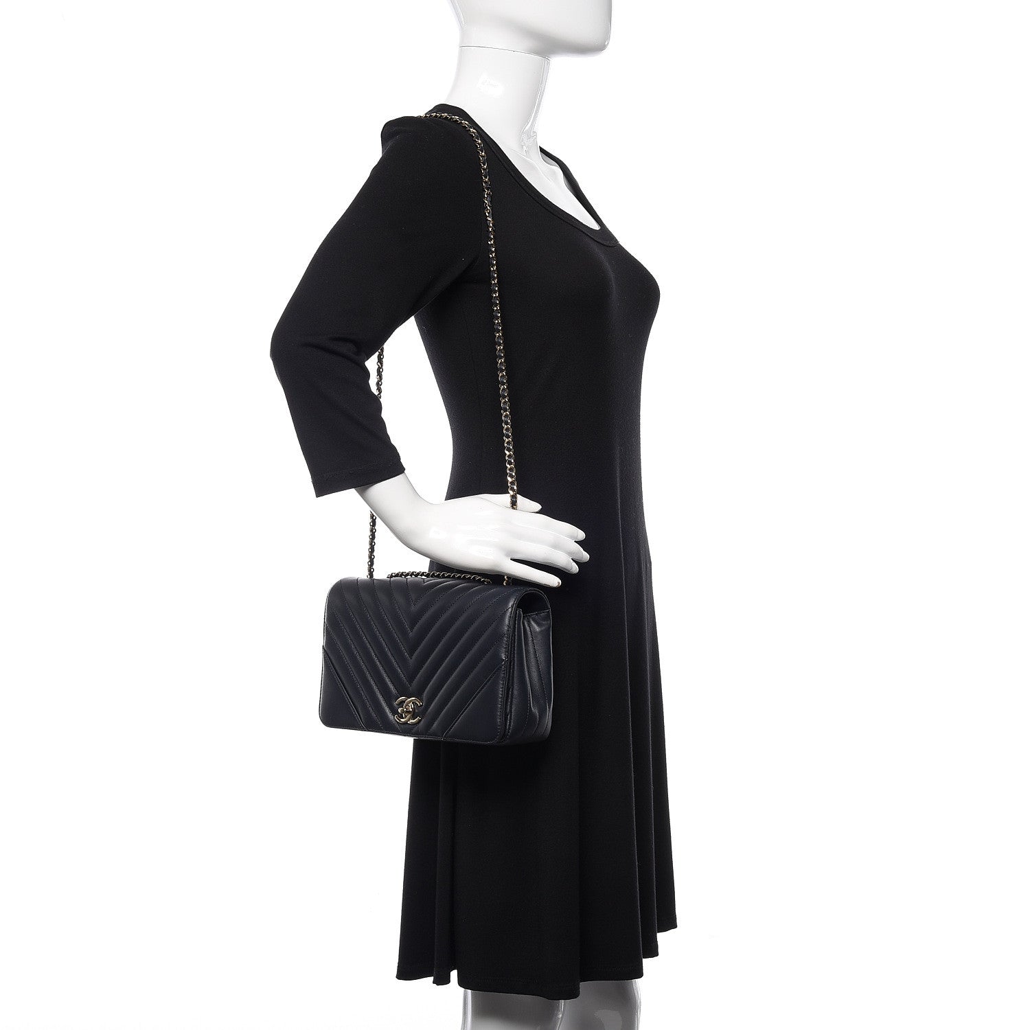 Chanel Calfskin Chevron Quilted Statement Flap Navy Blue 2 of 11