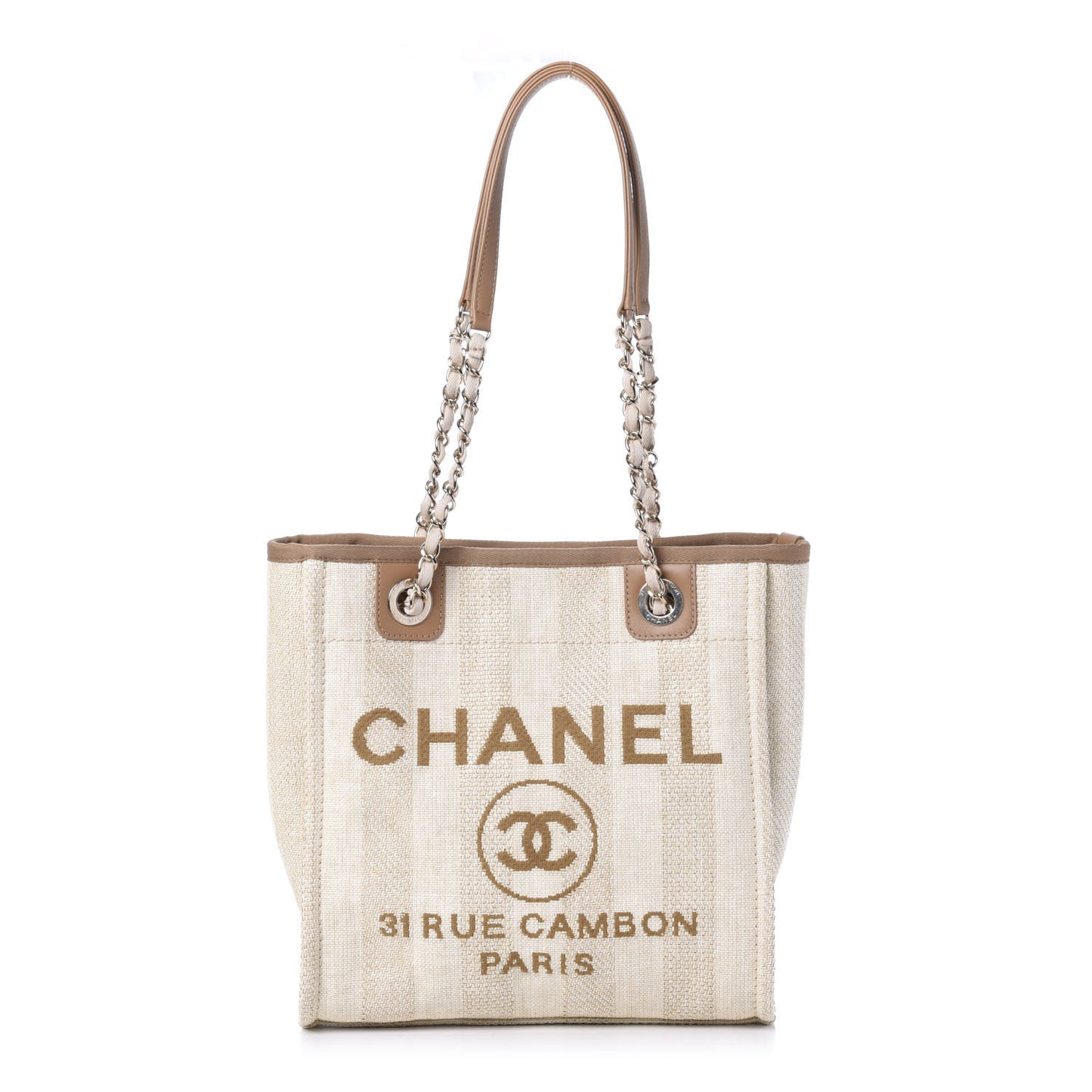 Straw Raffia Calfskin Striped Mini Deauville Tote Beige