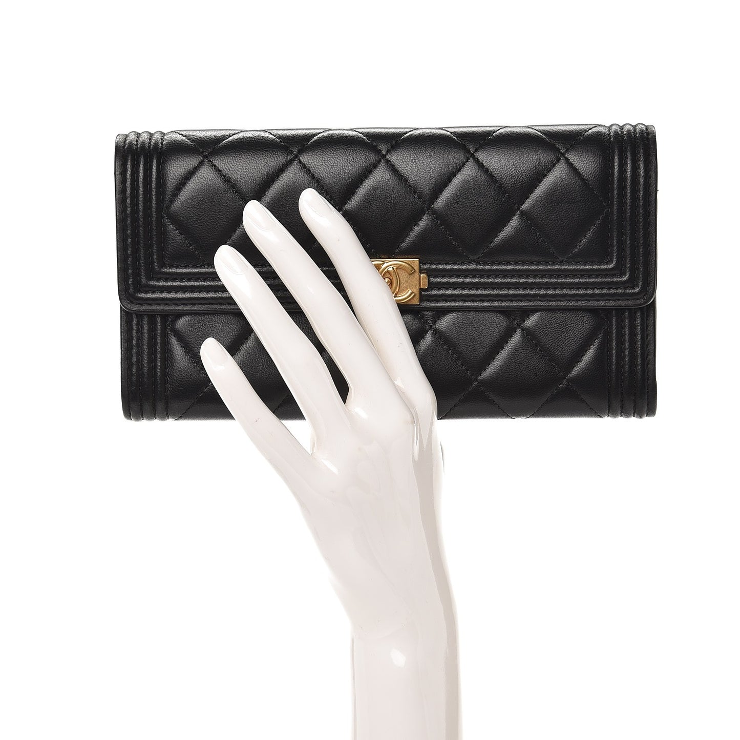 Lambskin Quilted Boy Large Gusset Flap Wallet Black