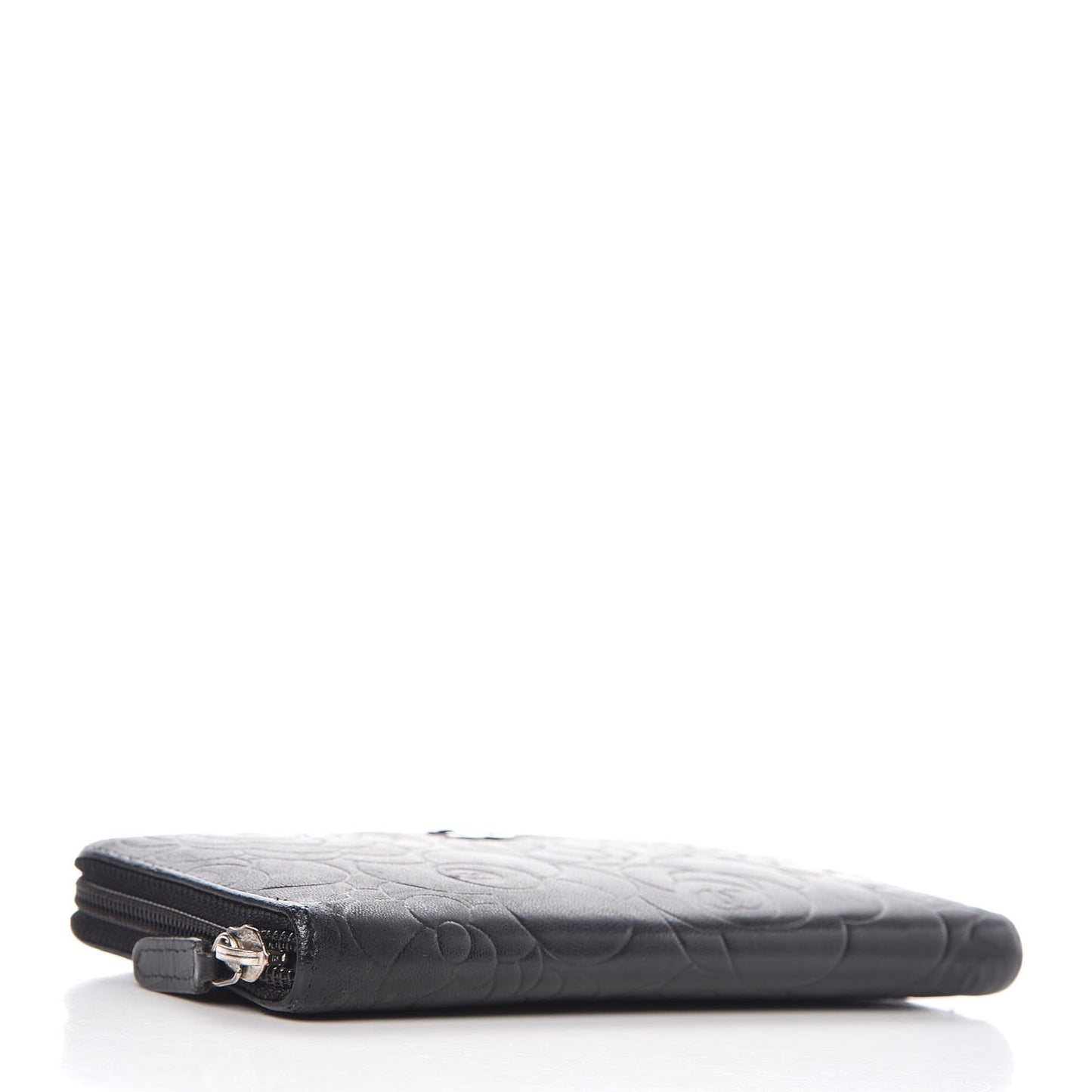 Lambskin Camellia Embossed Large Zip Around Gusset Wallet Black