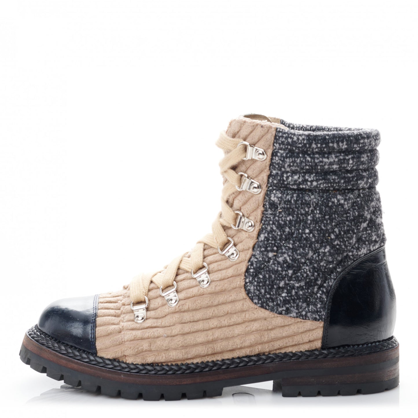 Tweed Corduroy Calfskin Quilted Lace Up Boots 38 Beige Black
