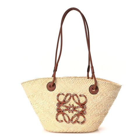 Calfskin Raffia Paulas Ibiza Small Anagram Basket Tote Bag Natural Tan