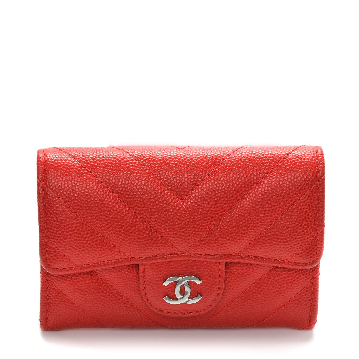 Chanel Caviar Chevron Quilted Card Holder Wallet Red 1 of 8