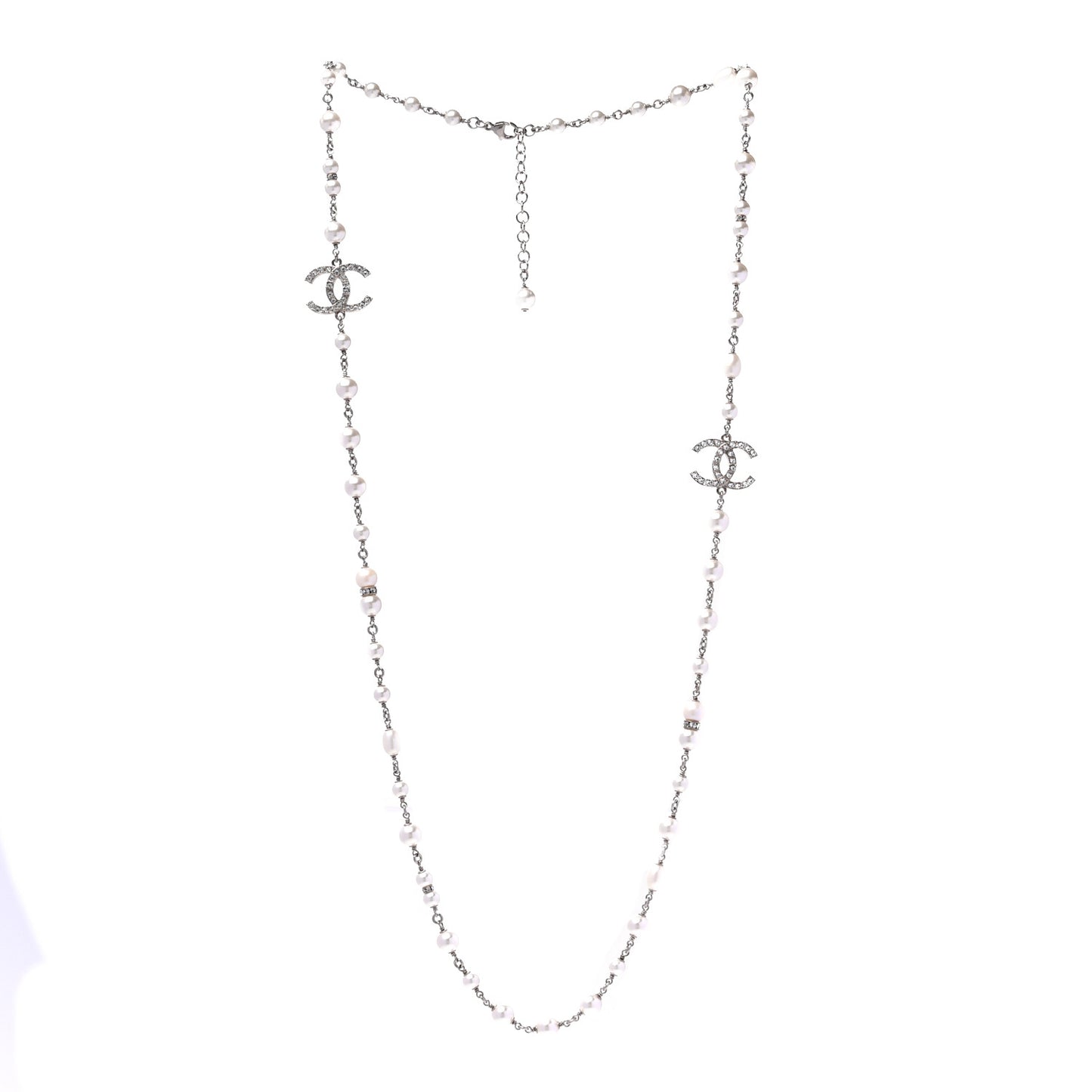 Metal Crystal Pearl CC Long Necklace Silver