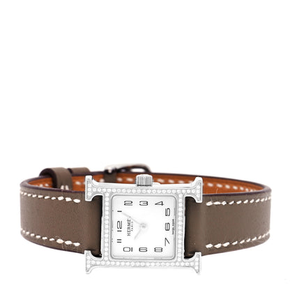 Hermes Stainless Steel Swift Diamond Bezel Mother of Pearl 17.2mm Heure H Hour Quartz Watch Etoupe 2 of 5