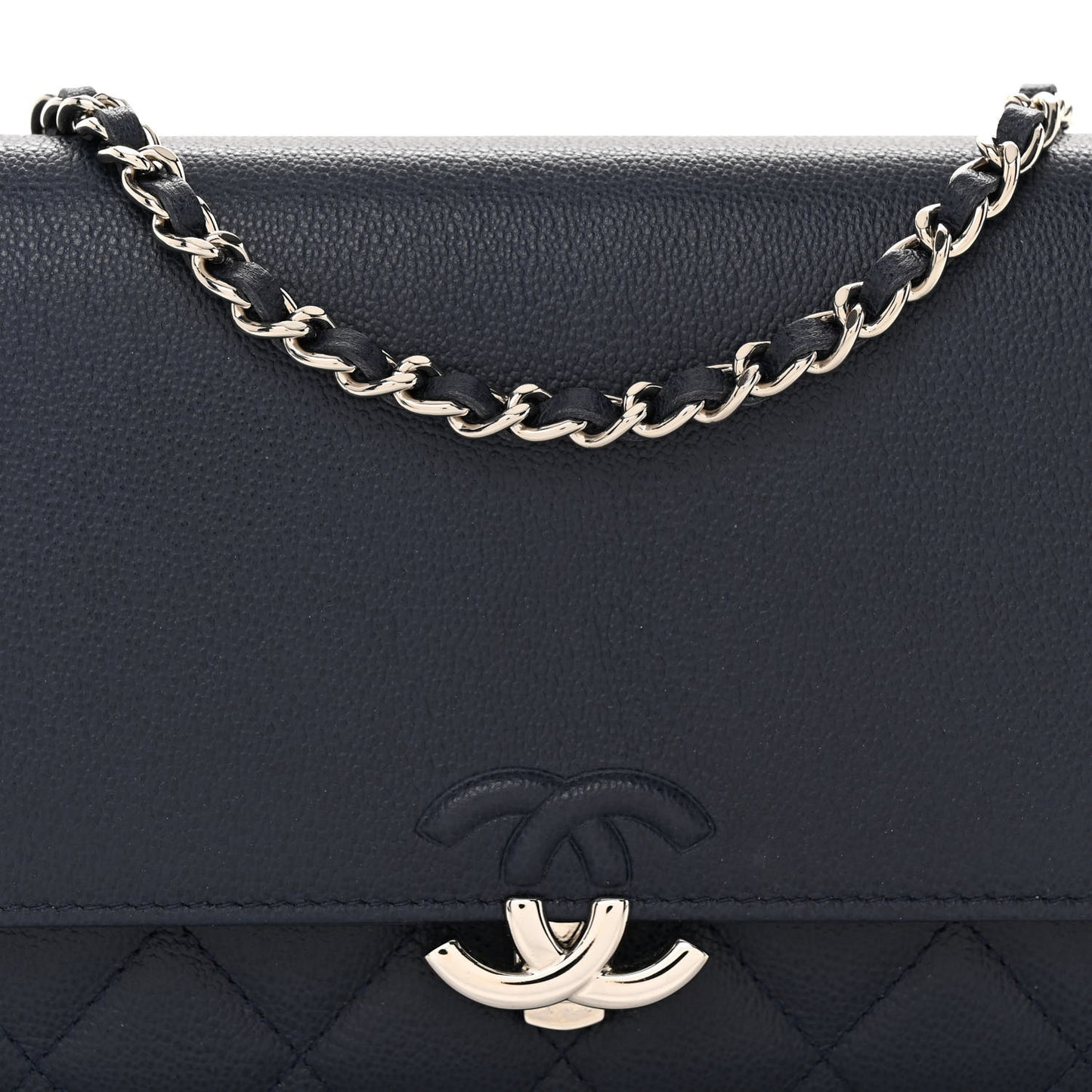 Grained Calfskin Quilted CC Box Wallet On Chain WOC Navy