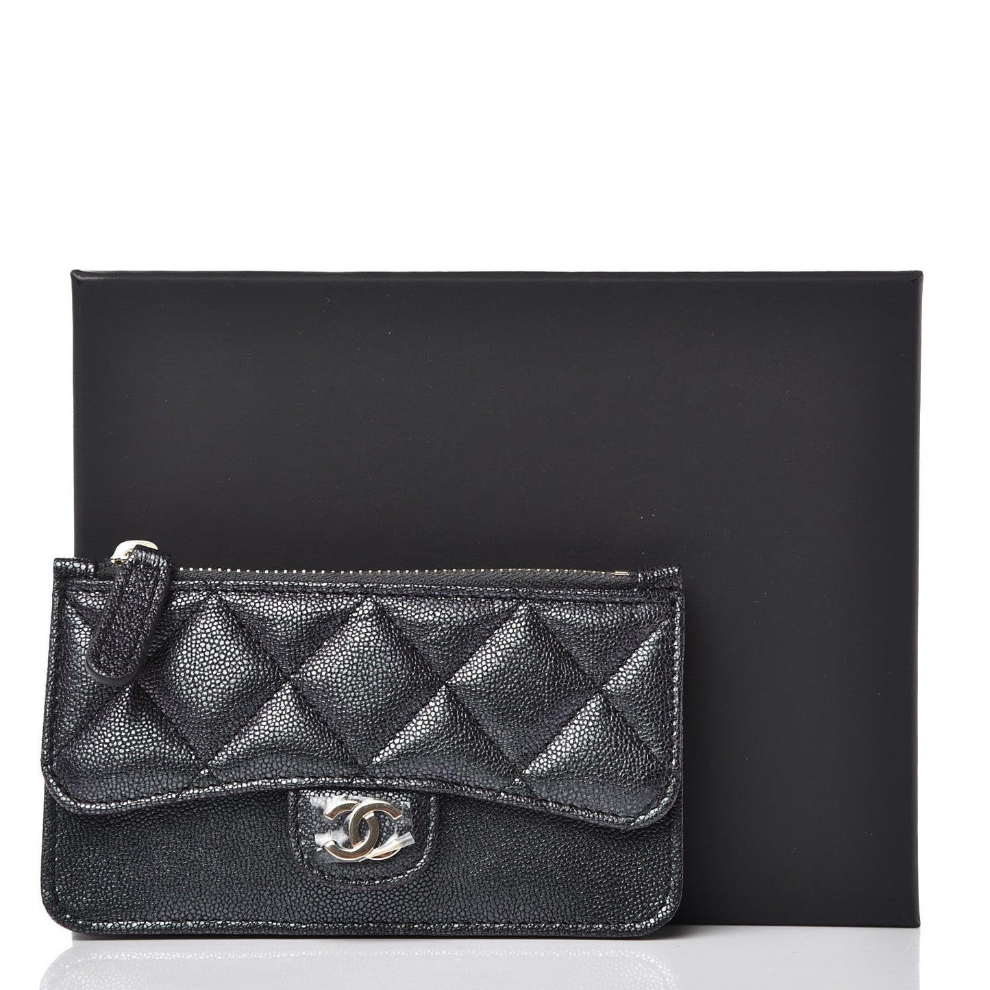 Iridescent Caviar Quilted Flap Zip Card Holder Black