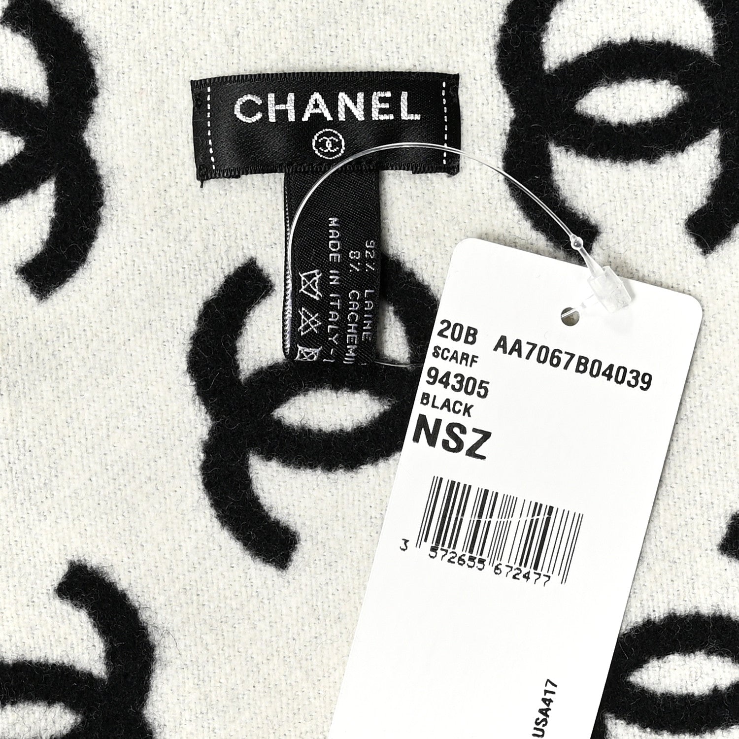 Chanel Wool Cashmere CC Scarf Black White 3 of 3
