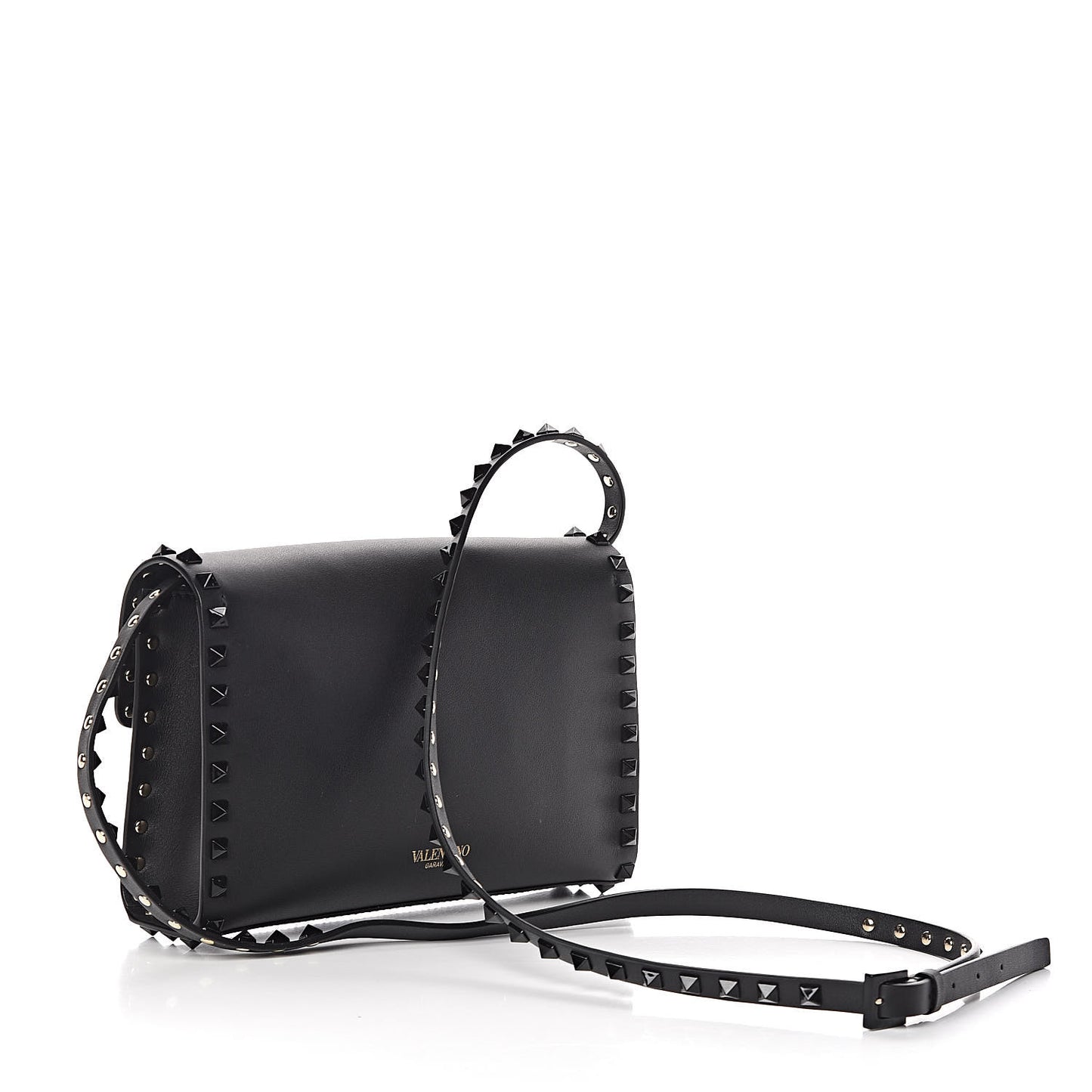 Vitello Monochrome Medium Rockstud Flip Lock Crossbody Bag Black