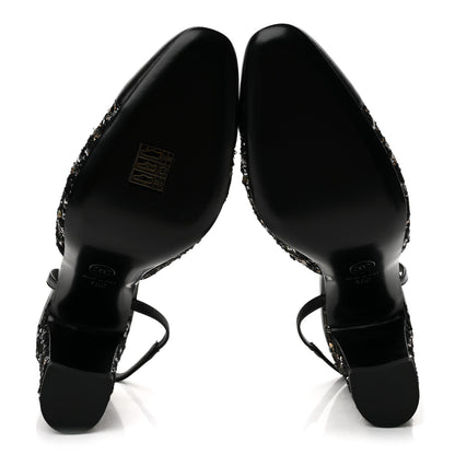 Chanel Glittered Wool Tweed Lambskin Cap Toe CC Slingback Pumps 40 Black White Gold 6 of 10