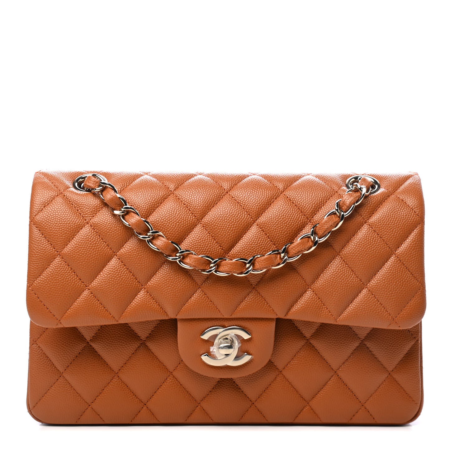 Caviar Quilted Small Double Flap Light Brown