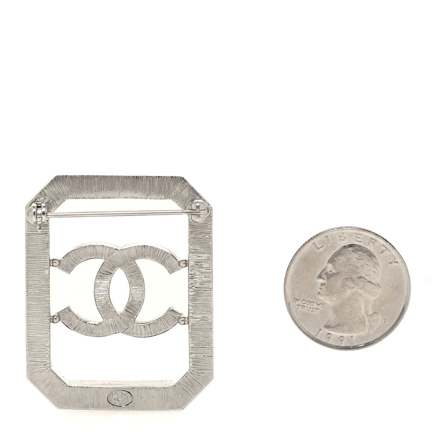 Metal Crystal Square CC Brooch Silver