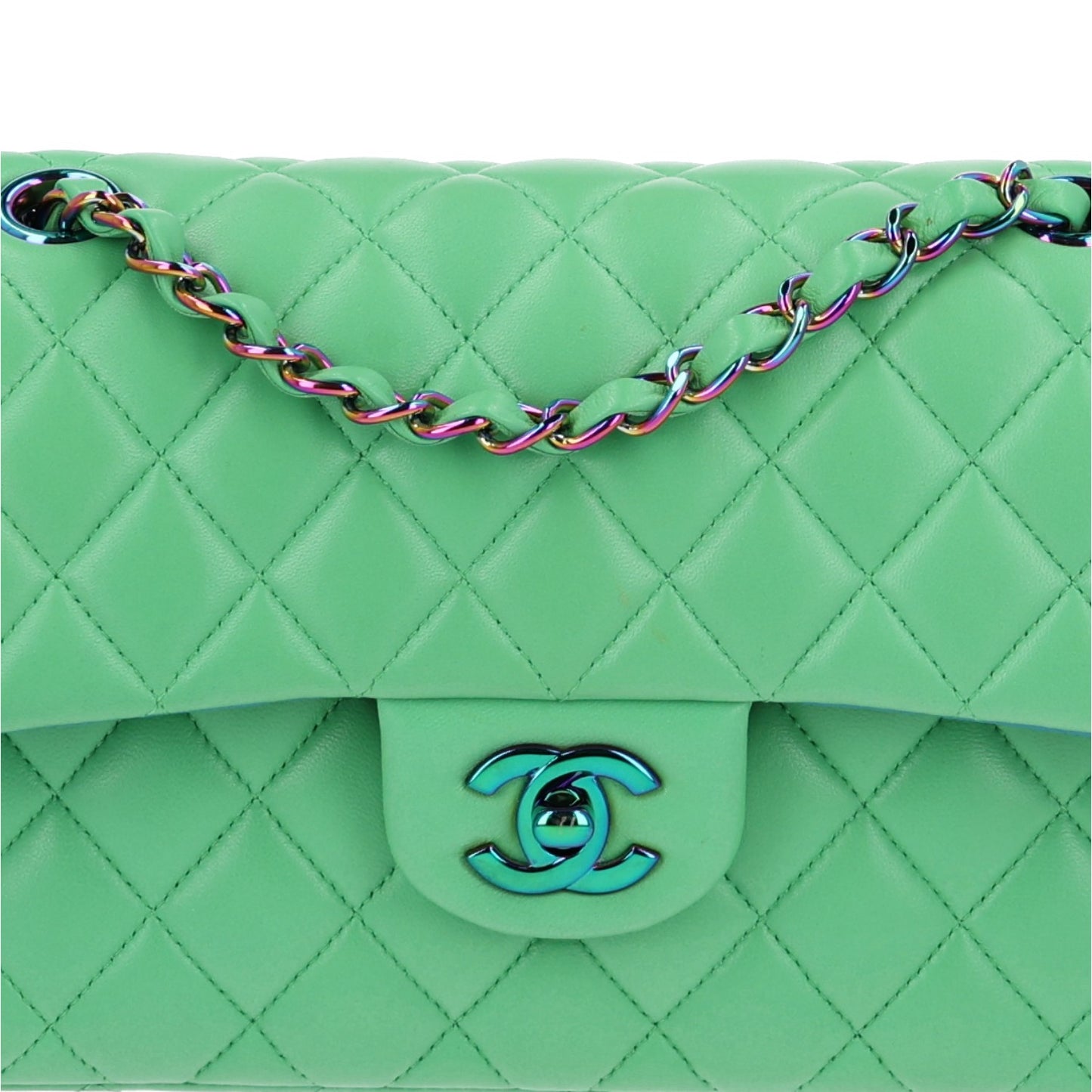 Lambskin Quilted Small Double Flap Green Blue