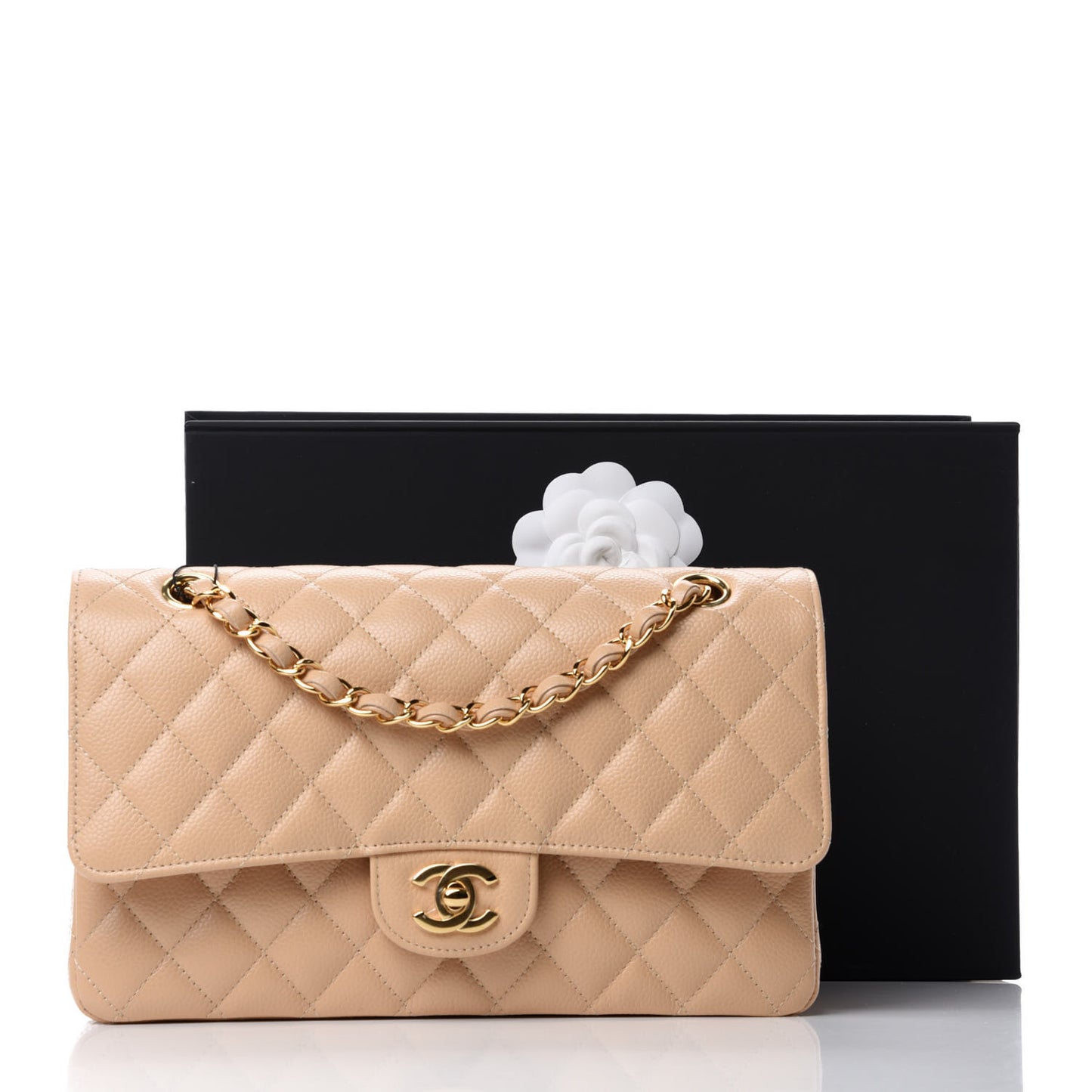 Caviar Quilted Medium Double Flap Beige