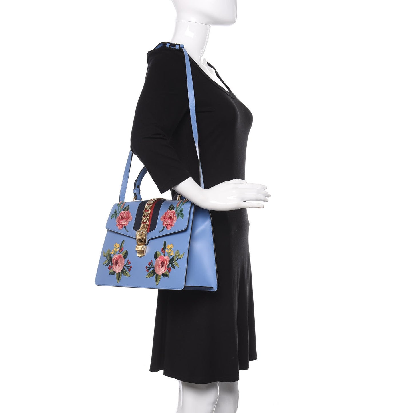 Calfskin Embroidered Medium Sylvie Top Handle Bag Clear Sky Blue