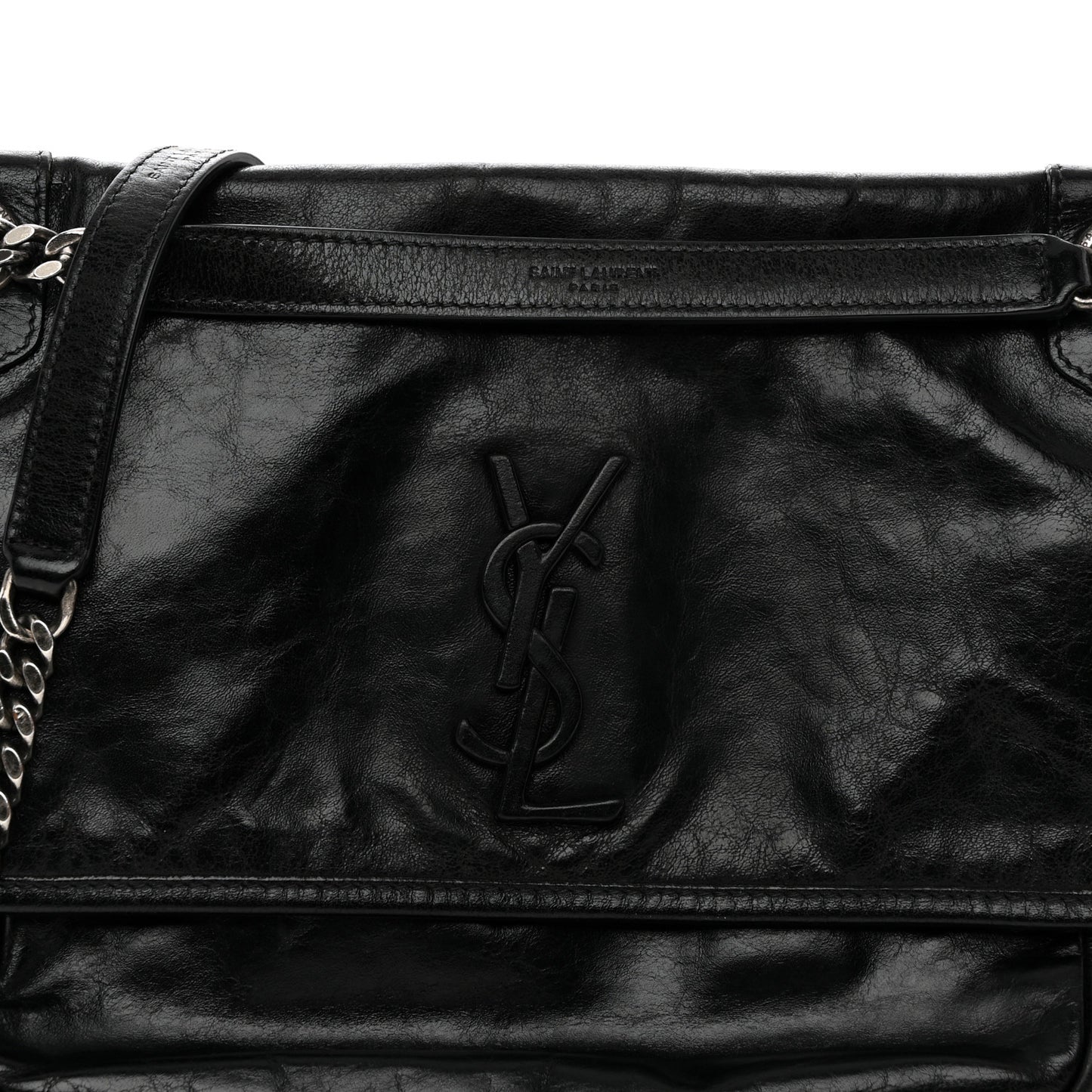 Crinkled Calfskin Monogram Medium Niki Chain Satchel Black