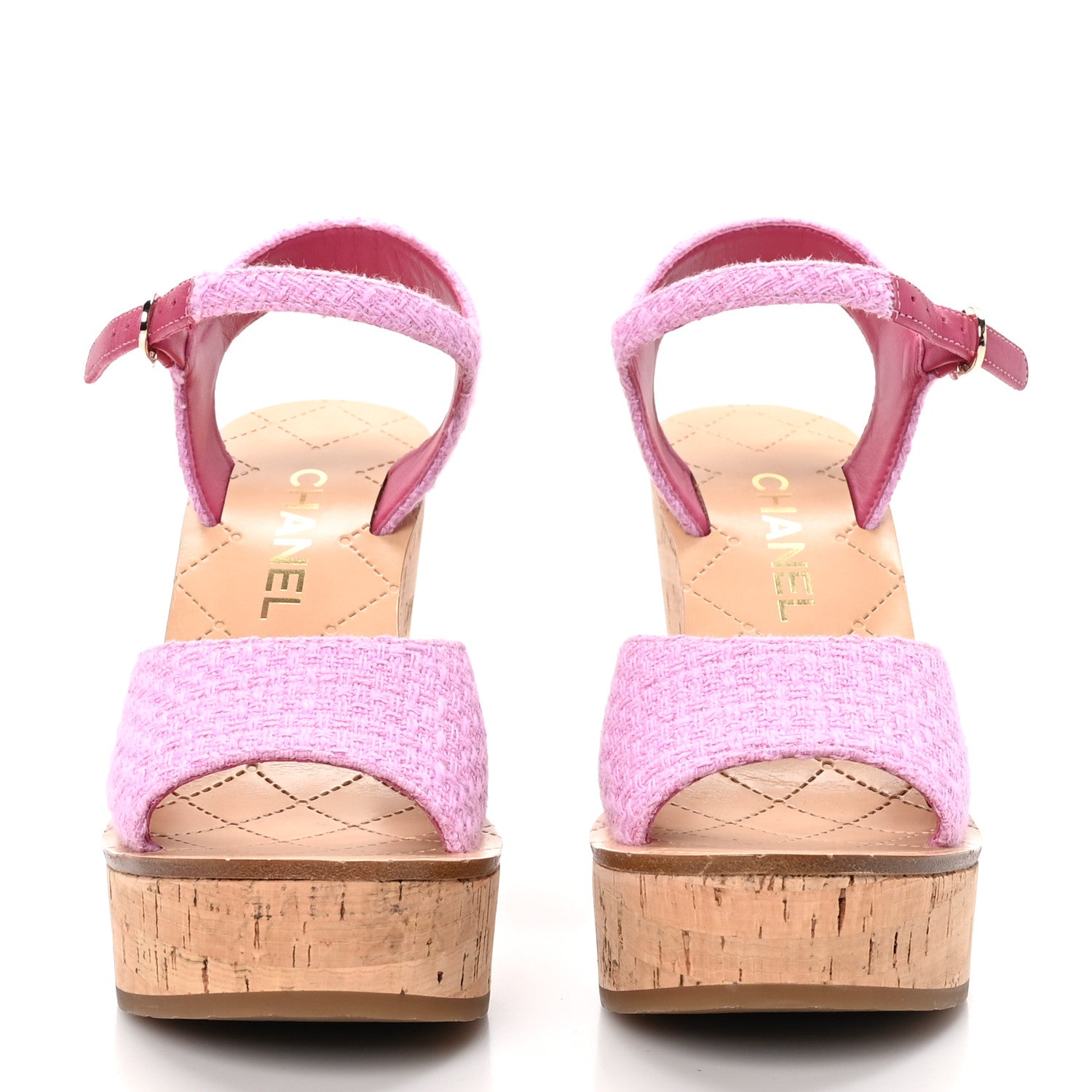 Chanel Tweed Cork CC Wedge Sandals 38 Pink 2 of 10
