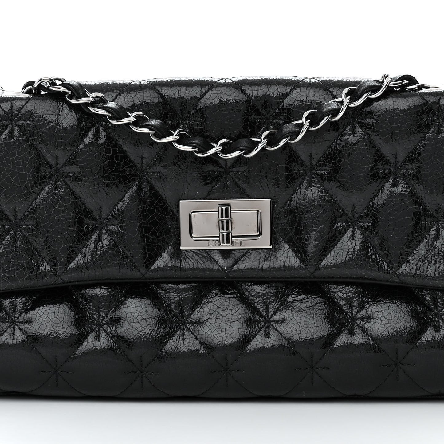 Glazed Crackled Calfskin Mademoiselle Flap Black