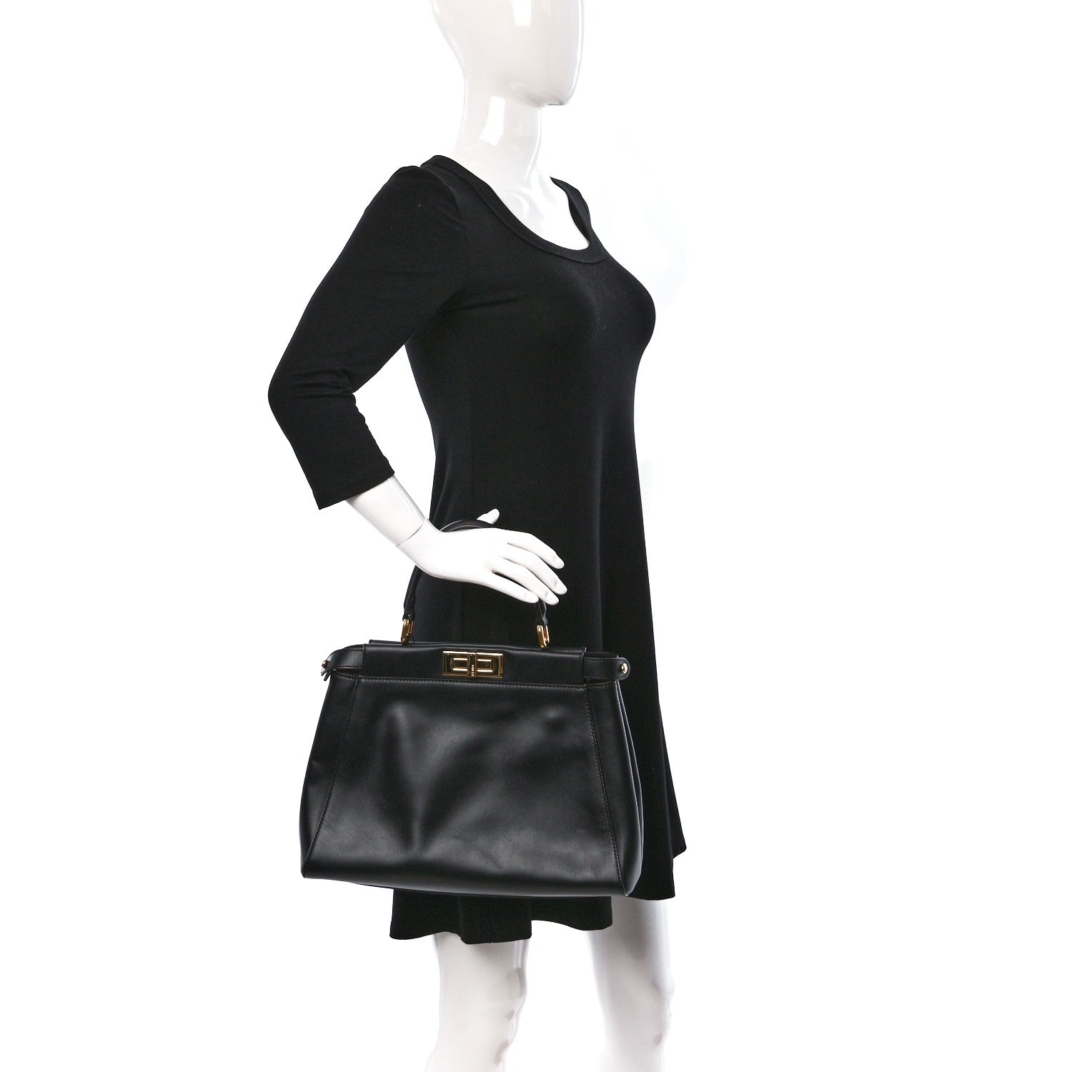 Fendi Vitello Morgan Fabric Jacquard Pequin Medium Peekaboo Iconic Satchel Black Tobacco 2 of 8