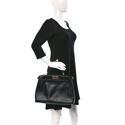 Fendi Vitello Morgan Fabric Jacquard Pequin Medium Peekaboo Iconic Satchel Black Tobacco 2 of 8
